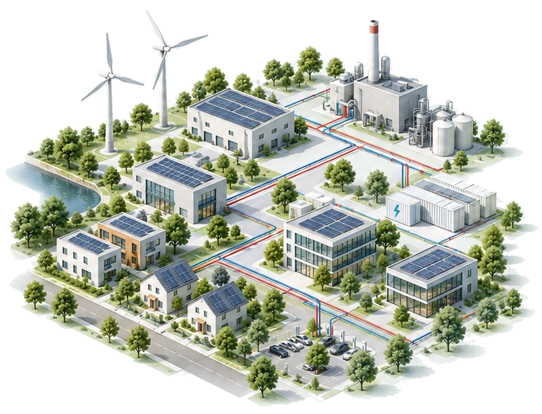 Vernetztes Energiesystem mit Gebäuden, Industrie, erneuerbaren Energien und gemeinsamer Infrastruktur