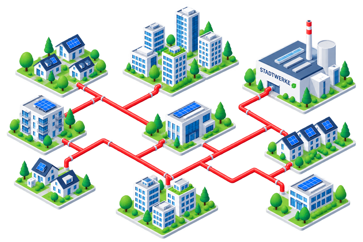 Illustration eines vernetzten Fernwärmesystems mit Gebäuden und Stadtwerk
