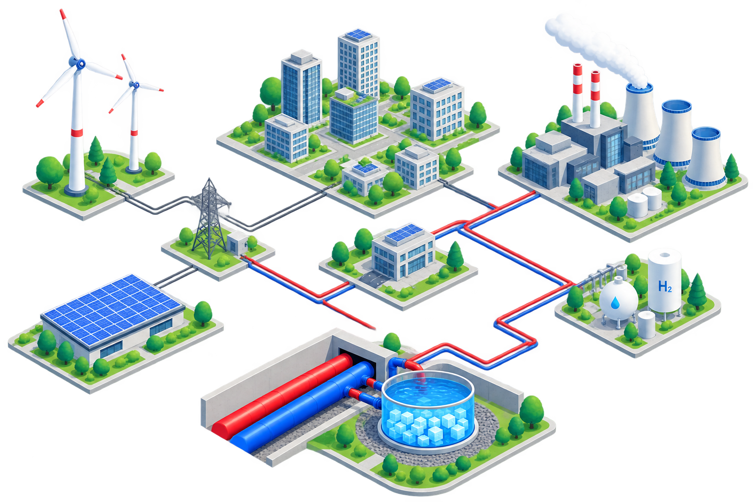 Vernetztes Energiesystem mit erneuerbaren Energien, Industrie und Energiespeicher